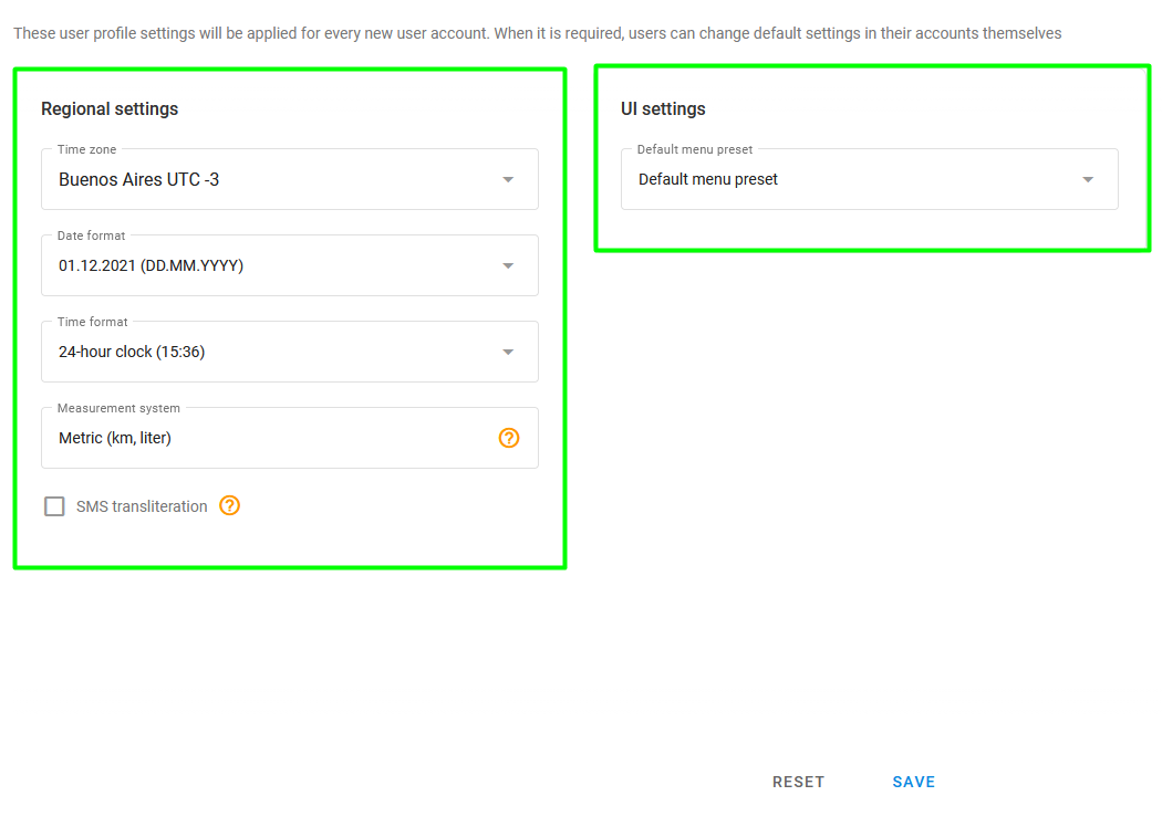 User defaults page