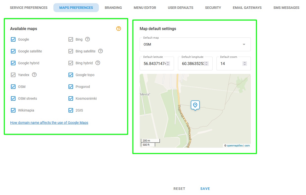 Map preferences page