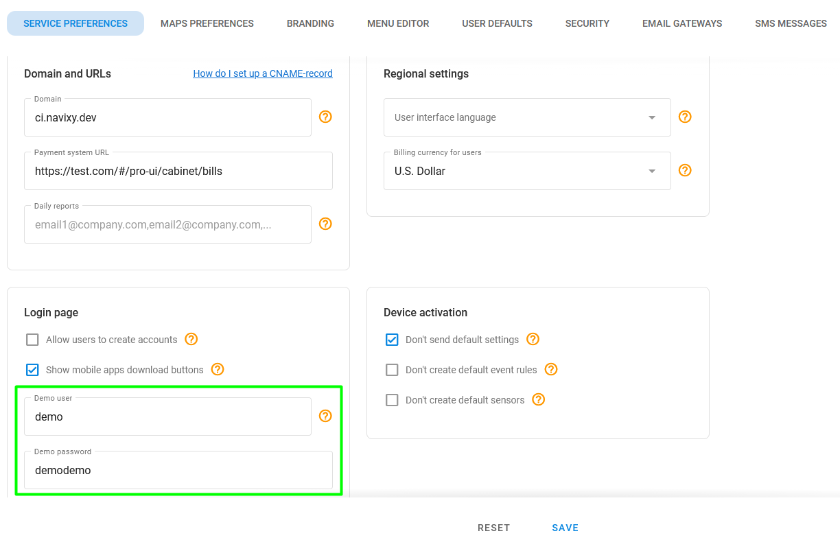 Entering demo account credentials